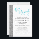 Invitation Bande de Parties scintillant bat mitzvah moderne e<br><div class="desc">Parties scintillant argent moderne et aqua turquoise bleu Bat mitzvah invitation. Minimal,  simple,  chic et tendance. Coordonner les articles de papeterie et de fête disponibles à partir de Paper Grape Zazzle Designer pour compléter votre décor de Bat mitzvah de parties scintillant en argent.</div>