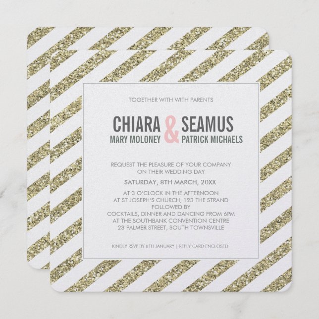 Invitation Bande de parties scintillant MODERNE or doux (Devant / Derrière)