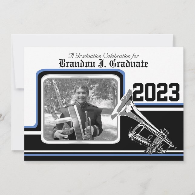 Invitation Bande de Varsity Trumpet Graduation Photo Bleu (Devant)