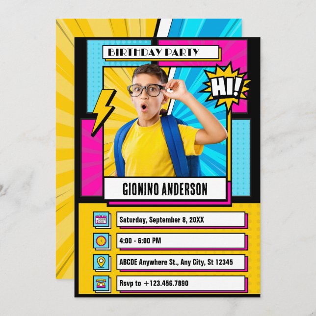 Invitation Bande dessinée moderne photo anniversaire (Devant / Derrière)