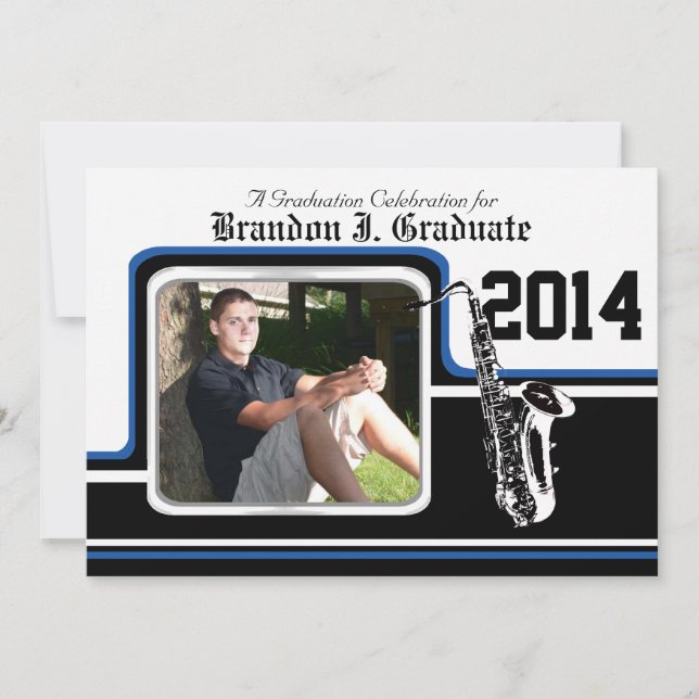 Invitation Bande Marching Saxophone Graduation Photo Bleu (Devant)