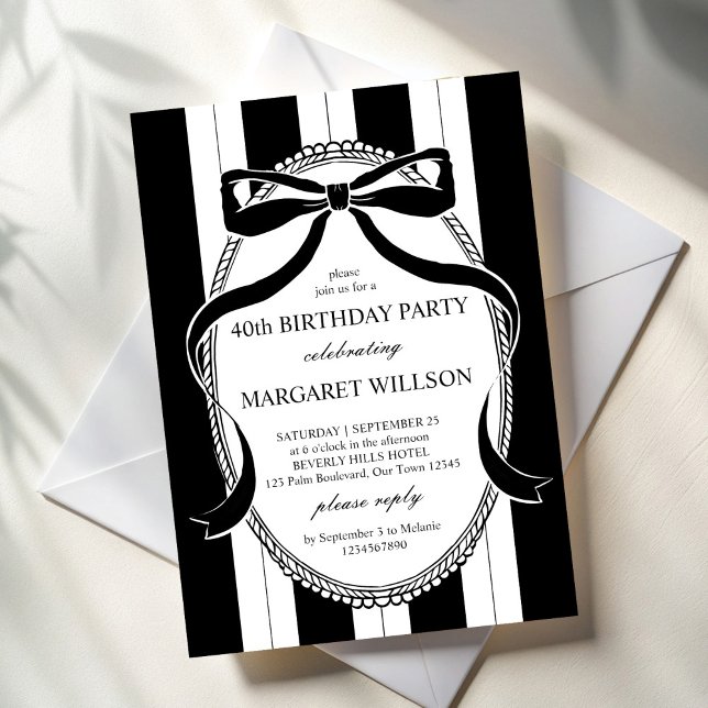 Invitation Bande rétro noir et blanc arc fête d'anniversaire (Black and white retro stripes bow border elegant adults birthday party invitation cards template)