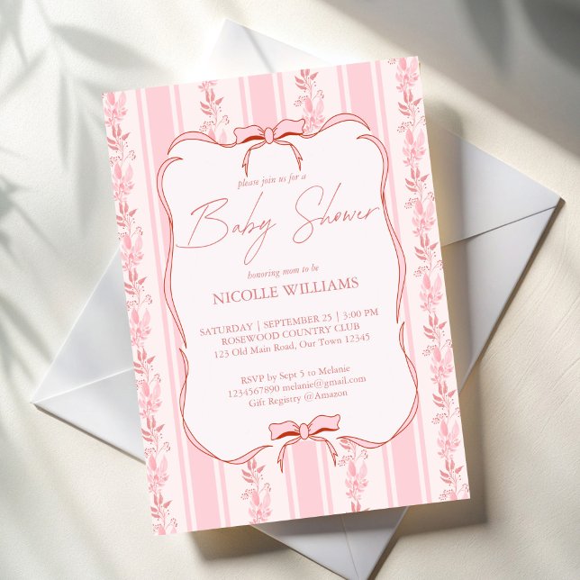 Invitation Bande rose rétro bordure arc élégant baby shower (Pink stripes retro bow border coquette elegant baby shower invitation cards template)