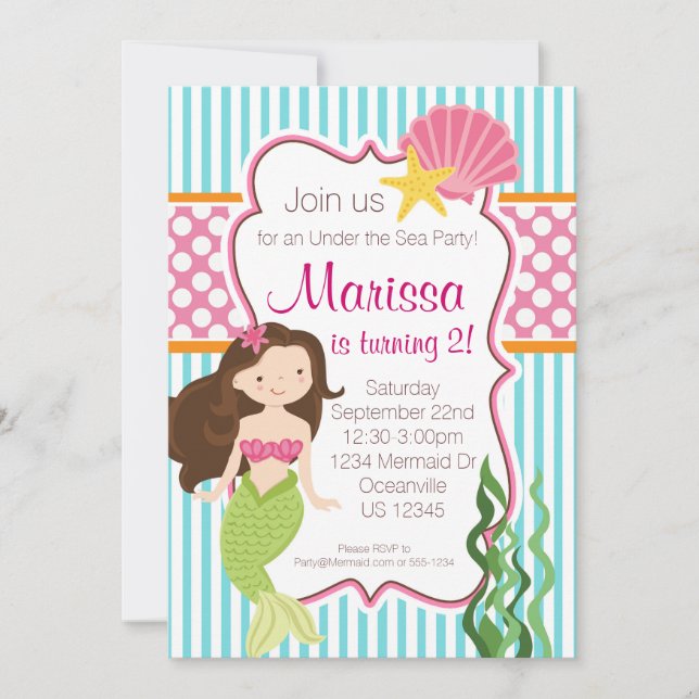 Invitation Bande Turquoise, Pink Polka Dot Brunette Mermaid (Devant)