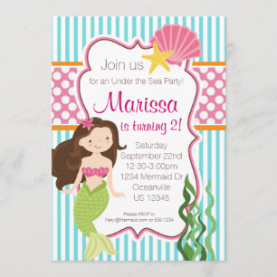 Invitation Bande Turquoise, Pink Polka Dot Brunette Mermaid
