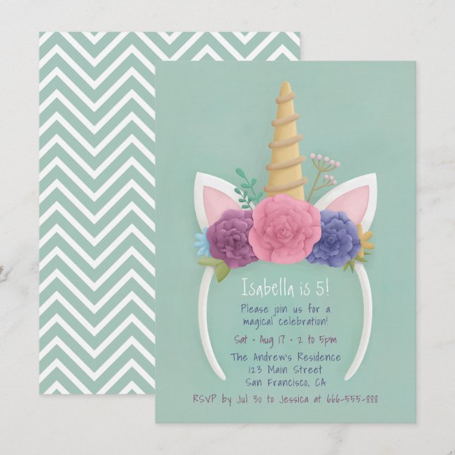 Invitation Bandeau Floral Licorne pour Fête d'anniversaire de (Devant / Derrière)