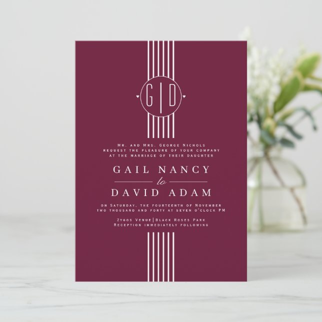 Invitation Bandes blanches et initiales mariage bordeaux (Debout devant)