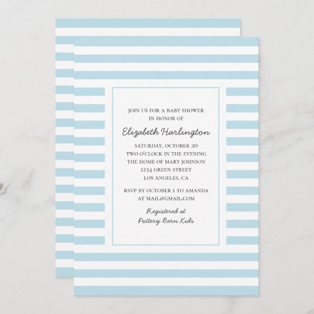 Invitation Bandes bleues. Baby shower garçon rayé moderne (Devant / Derrière)