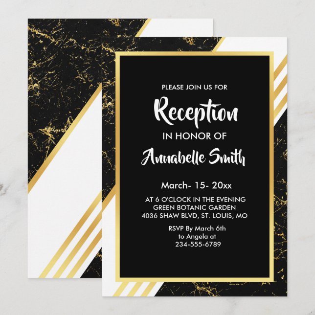 Invitation Bandes de marbre doré typographie noir Réception (Devant / Derrière)