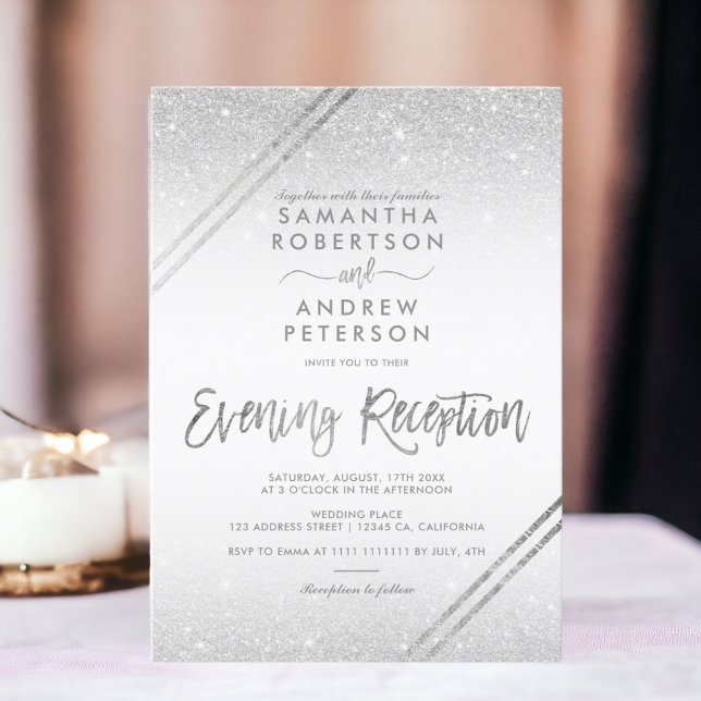 Invitation Bandes de parties scintillant argent élégant maria (Silver glitter stripes elegant script wedding invitation)