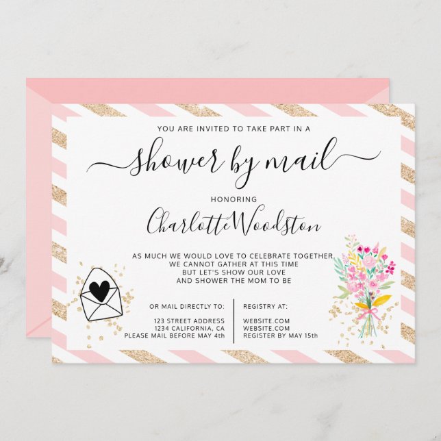Invitation Bandes de parties scintillant en or floral baby sh (Devant / Derrière)