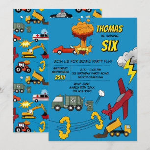 Invitation Bandes dessinées Camions Voitures Véhicules Avions