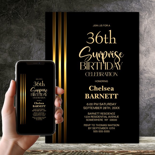 Invitation Bandes dorées sur fond noir, surprise d'anniversai (Créateur téléchargé)