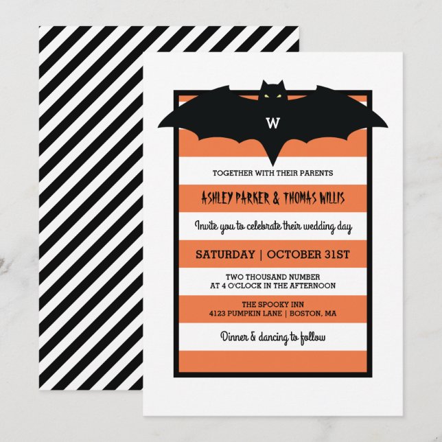 Invitation Bandes et monogramme | Mariage d'Halloween orange (Devant / Derrière)