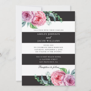 Invitation Bandes florales blanches et noires. Fleurs roses m