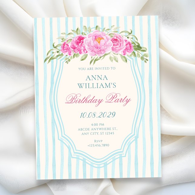 Invitation Bandes florales bleues anniversaire (Créateur téléchargé)