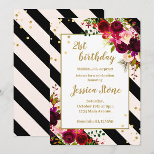Invitation Bandes florales noires et blanches 21e anniversair