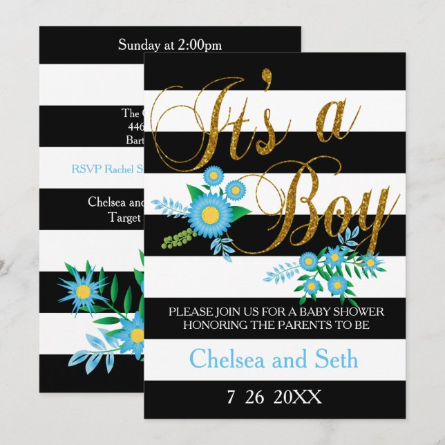 Invitation Bandes noir et blanc | Floral bleu | Baby shower (Devant / Derrière)