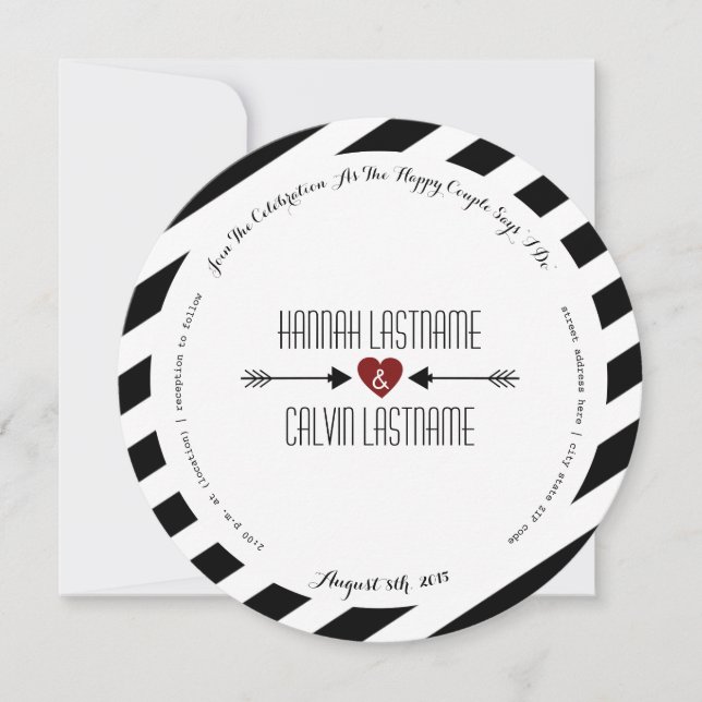 Invitation Bandes noires Coeur rouge + Flèches Mariage rond (Devant)