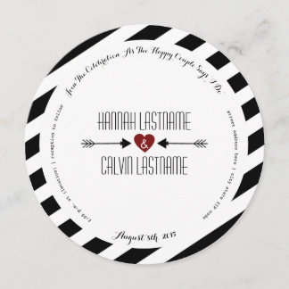 Invitation Bandes noires Coeur rouge + Flèches Mariage rond