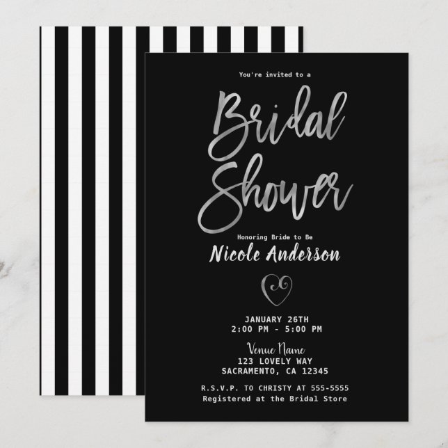 Invitation Bandes noires et blanches Argent élégant pour une  (Devant / Derrière)