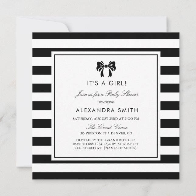 Invitation Bandes noires et blanches avec Baby shower en bois (Devant)