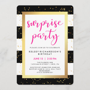 Invitation Bandes noires et blanches avec Gold Surprise Party