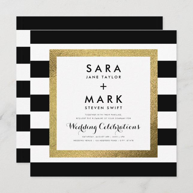 Invitation Bandes noires et blanches avec Mariage à huile d'o (Devant / Derrière)
