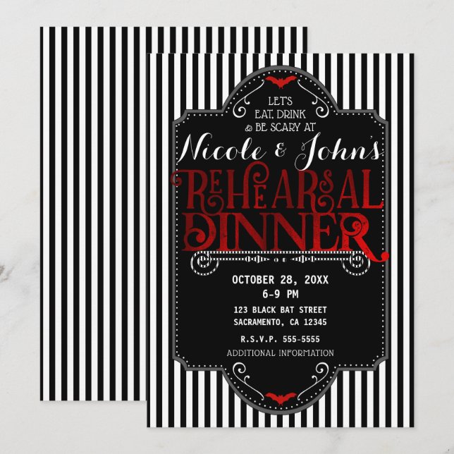 Invitation Bandes noires et blanches dîner de répétition goth (Devant / Derrière)