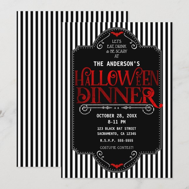 Invitation Bandes noires et blanches Dîner gothique d'Hallowe (Devant / Derrière)