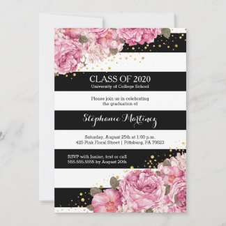 Invitation Bandes noires et blanches et graduation florale ro