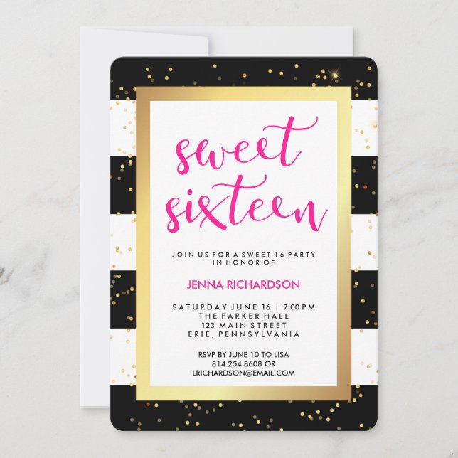 Invitation Bandes noires et blanches et Sweet sixteen d'or (Devant)