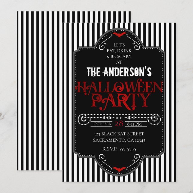 Invitation Bandes Noires et Blanches Fête Gothique Rouge d'Ha (Devant / Derrière)