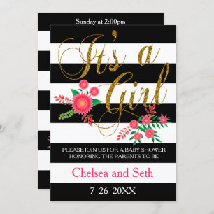 Invitation Bandes noires et blanches Floral rose BABY SHO