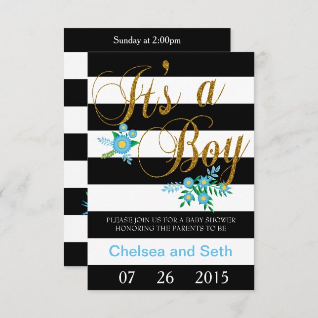 Invitation Bandes noires et blanches| Flore bleue| Baby showe (Devant / Derrière)