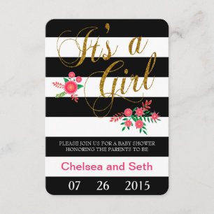 Invitation Bandes noires et blanches  Flore rose  Baby shower