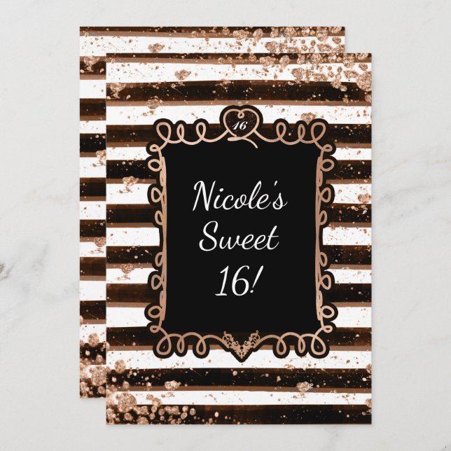 Invitation Bandes noires et blanches Rose Gold Flakes Invitat (Devant / Derrière)
