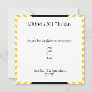 Invitation Bandes rétro jaune et blanc avec Anniversaire noir