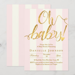 Invitation Bandes roses chic et baby shower de feuille d'or