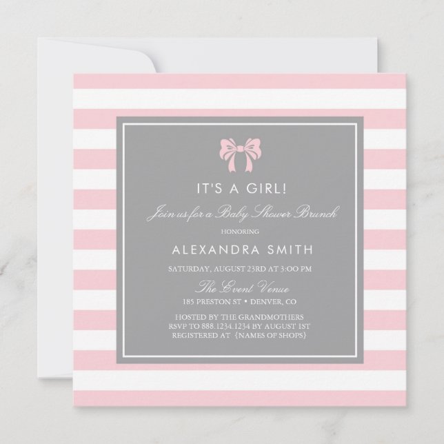 Invitation Bandes roses et blanches avec Baby shower Bow Brun (Devant)