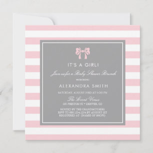 Invitation Bandes roses et blanches avec Baby shower Bow Brun