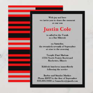 Invitation Bandes rouges et argentées sur Black Bar Mitzvah