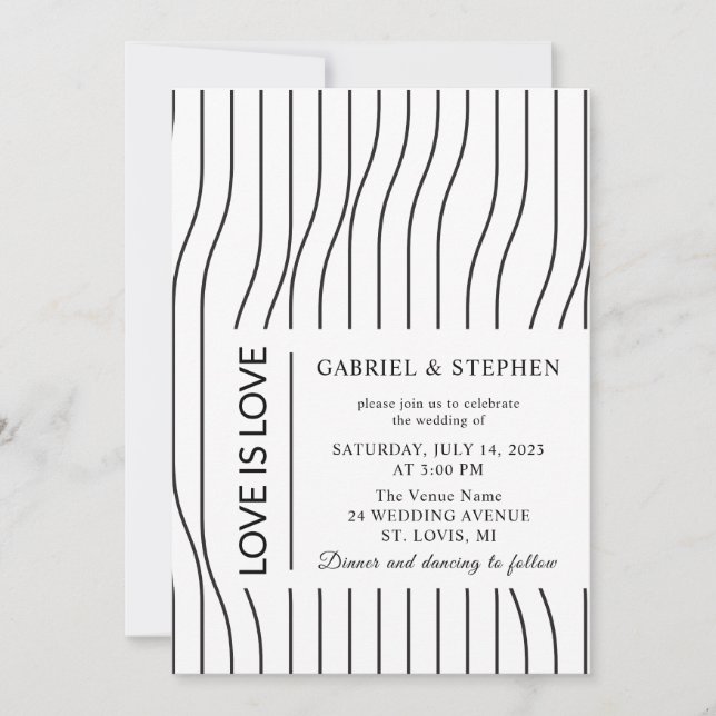 Invitation Bandes simples en noir et blanc. Mariage gay moder (Devant)