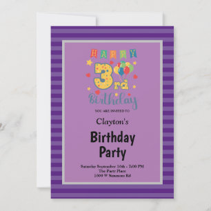 Invitation Bandes violettes encadrées 3e fête d'anniversaire