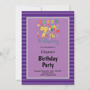 Invitation Bandes violettes encadrées 7e fête d'anniversaire