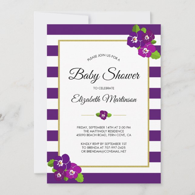 Invitation Bandes violettes Pansies violettes Baby shower Flo (Devant)