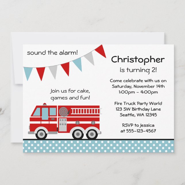 Invitation Bannière à pois camion de pompiers garçon fête d'a (Devant)