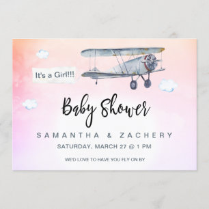 Invitation *~* Bannière Avion Nuages Vintages Bébé Fille Douc