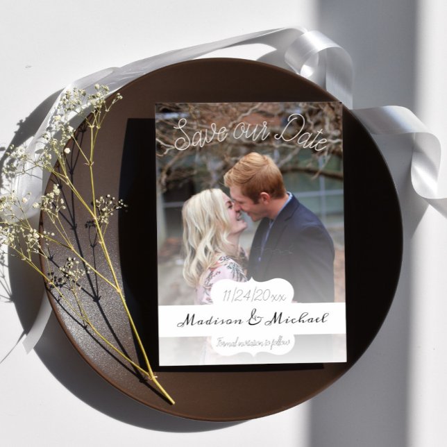 Invitation Bannière Blanche Douce Photo Enregistrer La Date A (Soft White Banner Photo Save the Date)