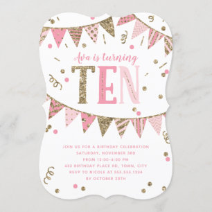 Invitation Bannière de Parties scintillant rose et or 10e ann